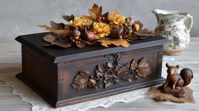 A charming display with white flowers, autumn leaves, and a small squirrel figurine enhances a cozy setting