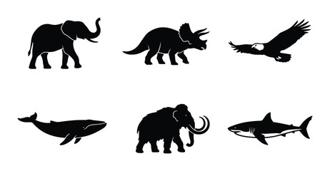 Fototapeta premium Diverse Animal Silhouettes Collection: Elephant, Dinosaur, Eagle, Whale, Mammoth, Shark Icons