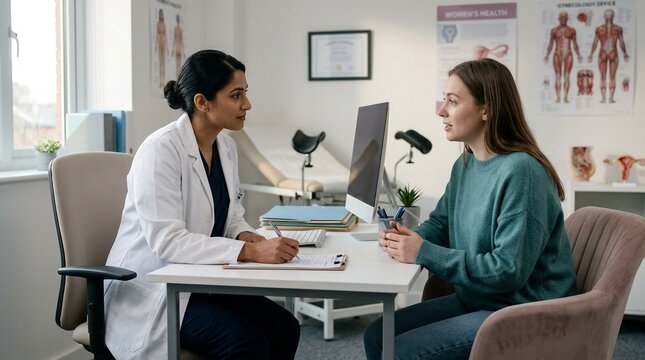 Doctor consulting with patient in clinic office, discussing health concerns
