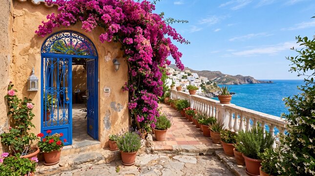 colorful coastal villa entrance with blue gate and bougainvillea