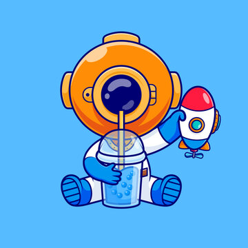 Cute Diver Drinking Milk Tea Boba With Submarine Cartoon 