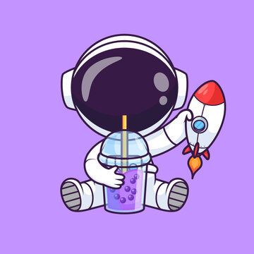 Cute Astronaut Drinking Boba Milk Tea With Rocket Cartoon 