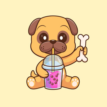 Cute Pug Dog Drinking Boba Milk Tea With Bone Cartoon