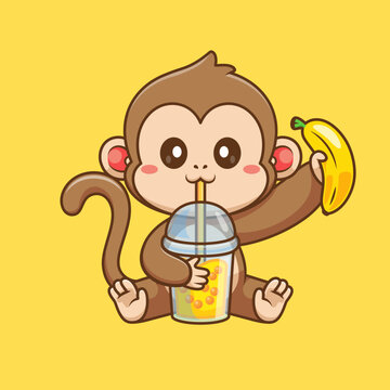 Cute Monkey Drinking Boba Milk Tea With Banana Cartoon