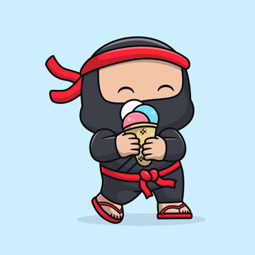 Cute Ninja Eating Ice Cream Cone Cartoon 