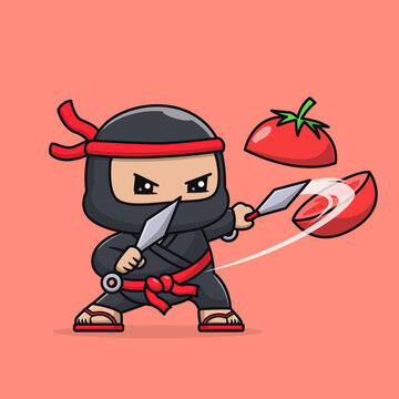 Cute Ninja Slash Tomato With Kunai Knife Cartoon