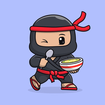 Cute Ninja Eating Soup Cartoon