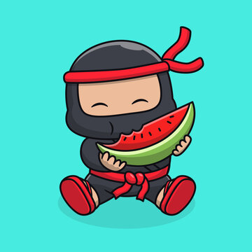 Cute Ninja Eating Watermelon Cartoon 