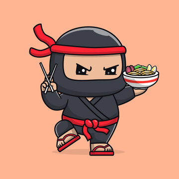 Cute Ninja Eating Ramen Noodle With Chopstick Cartoon 