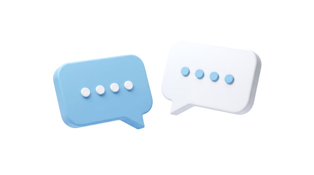 Speech bubbles 3D icon set containing blue and white message boxes with typing indicator dots for digital communication online chat social media messaging apps and customer service platforms