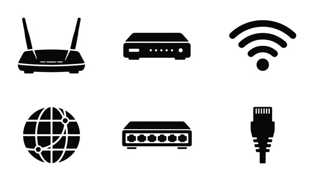 Network Router Icons, Wi-Fi Signal, Ethernet Cable, Globe Connection, Technology Vector Set