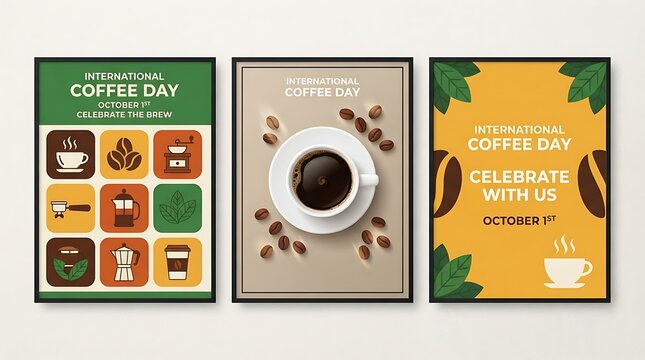 Three posters featuring international coffee day designs displayed on a plain light grey wall background with coffee themed illustrations