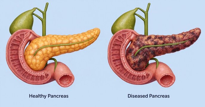 Medical illustration comparing a healthy pancreas with a diseased pancreas showing inflammation or necrosis in the human body
