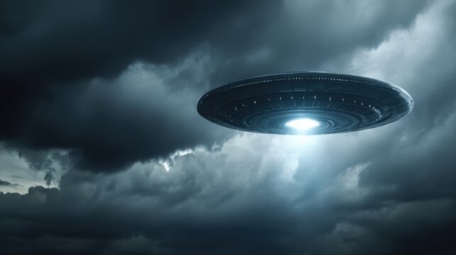 Photorealistic UFO Disc Emerging from Dark Clouds, Mysterious Space Phenomenon