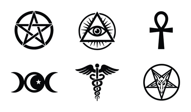 Mystical Symbols Vector Icons: Pentagram, Eye of Providence, Ankh, Triple Moon, Caduceus, Baphomet