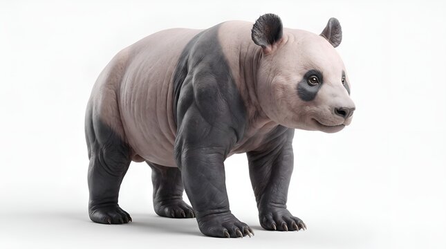 Hairless panda bear standing isolated on white background.