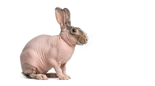 Hairless Rabbit Sitting on White Background.