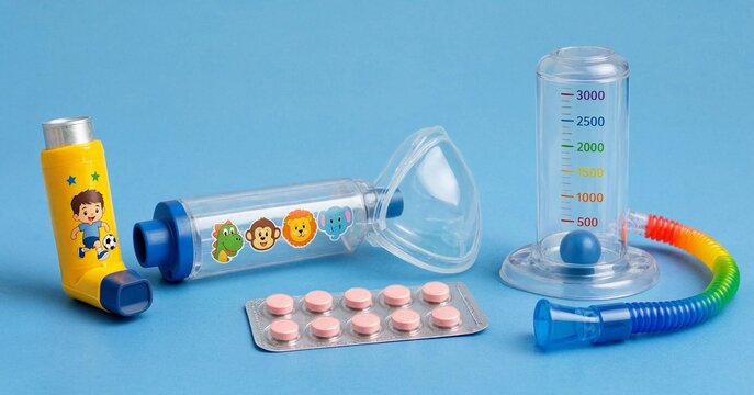 Pediatric Asthma Treatment Set with Inhaler Spacer Mask and Breathing Exercise Device on Blue Background