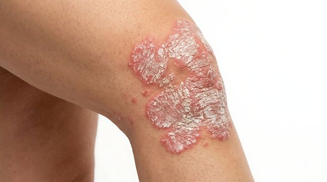 Person experiencing visible plaque psoriasis symptoms and irritation around knee