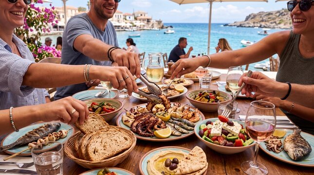 friends sharing a mediterranean lunch at a seaside restaurant