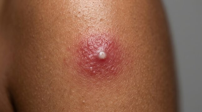 Close up of an inflamed infected skin pimple with pus on a person arm