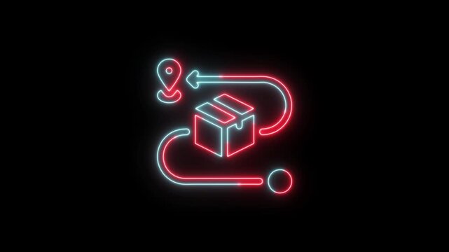Neon glowing order delivery tracking icon animation loop with parcel box and location pin on black background