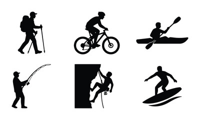 Fototapeta premium Outdoor Activity Silhouettes: Hiking, Cycling, Kayaking, Fishing, Climbing, Surfing Icons