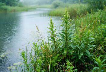 Fototapeta premium Environmental conservation and ecosystem health, wild plants growing by a river during a rain shower in a lush green landscape with natural scenery