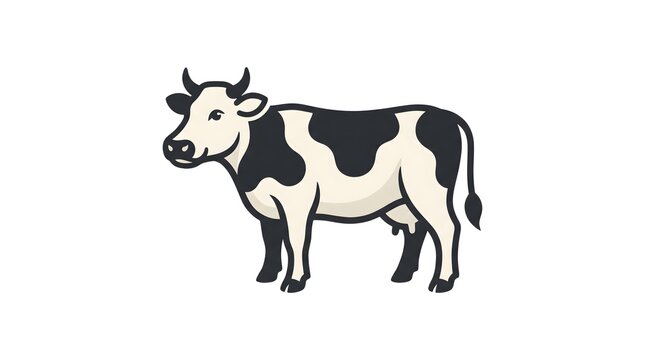 Vector illustration of a black and white spotted cow standing isolated on a white background, perfect for dairy product branding, farming graphics, and agricultural design.