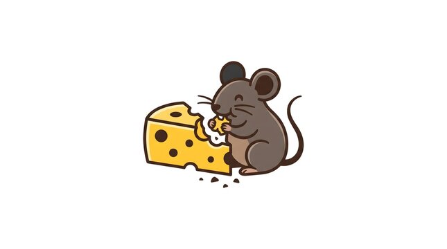 A cute cartoon illustration of a little brown mouse happily eating a big piece of yellow swiss cheese isolated on a white background