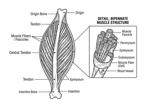 Bipennate muscle structure anatomy diagram scientific illustration