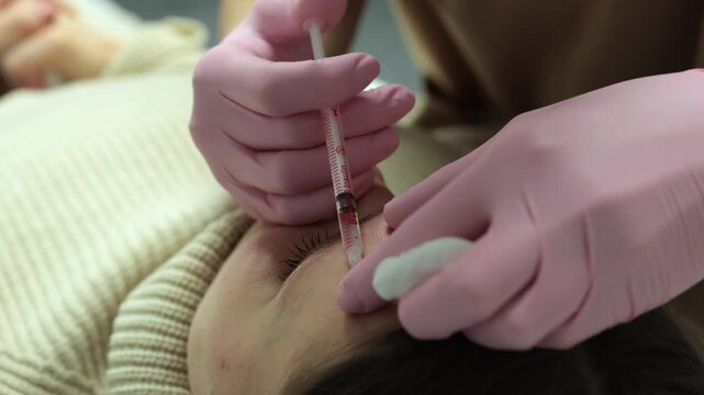 Extreme close-up of a syringe injecting botox into a client's forehead skin, held by gloved hands during a facial treatment procedure