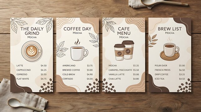 Four vertical coffee shop menu cards with illustrated beverage icons displayed on a wooden table surface with beverage illustrations price