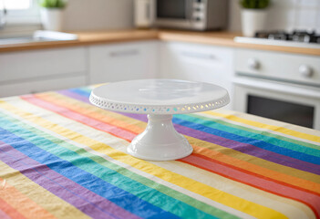 Naklejka premium Celebration and party planning, empty white cake stand on a colorful striped tablecloth in a home kitchen for birthday or holiday dessert preparation