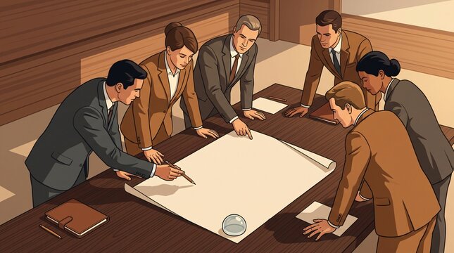 Natural resource concession royalty agreement mining governance meeting illustration of executive committee examining paper topographic boundary map with pencils across boardroom conference table