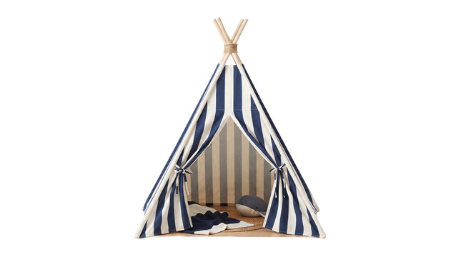 Striped blue and white fabric teepee play tent for children as isolated element