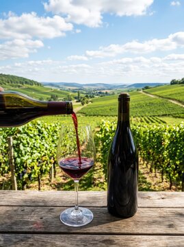 A glass of red wine is poured next to an unlabelled bottle on a wooden table, overlooking rows of lush grapevines and rolling hills under a sunny sky, still life, unbranded, warm