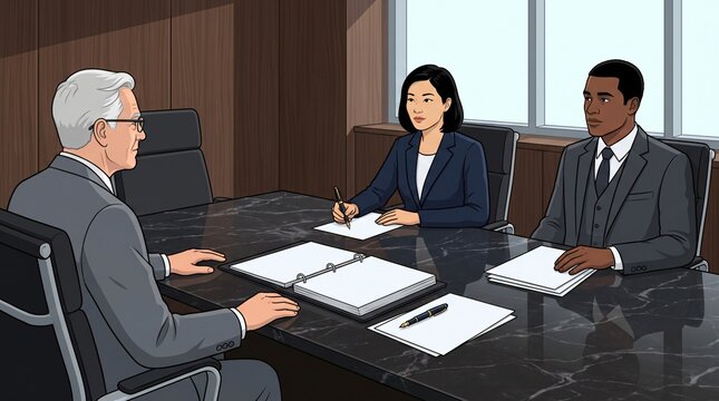 Reinsurance treaty commutation liability dispute arbitration tribunal meeting vector illustration of senior actuaries and corporate legal counsel examining claims calculation report on marble table