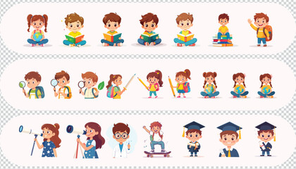 Fototapeta premium Cute School Children Education Learning Character Vector Set
