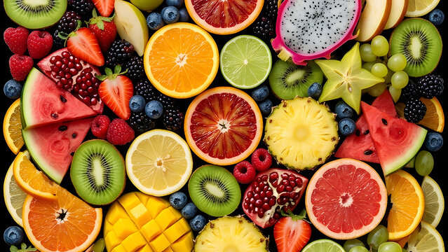 Rainbow Mosaic of Fresh Sliced Fruits and Exotic Berries