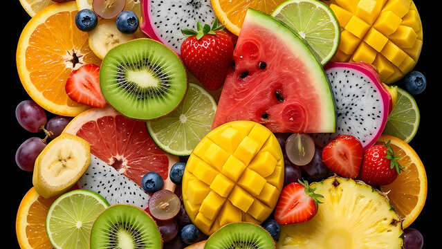 Rainbow Mosaic of Fresh Sliced Fruits and Exotic Berries