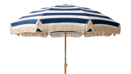 Navy and white striped beach umbrella with fringe, isolated on transparent background © STUDIOP
