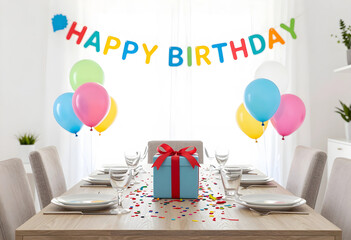 Naklejka premium Birthday celebration and party planning, gift box on dining table with colorful balloons and happy birthday banner in a bright home interior setting