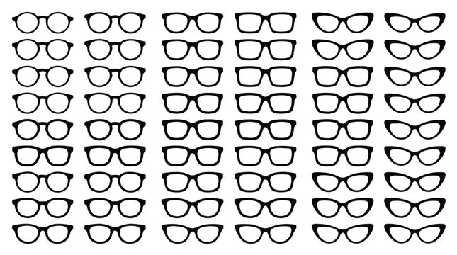 Collection of various eyeglass styles in black and white vector design