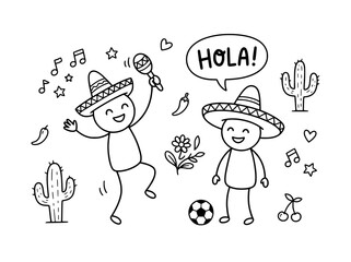 Mexican fiesta doodle vector, hand drawn stick figures with sombreros and maracas, Cinco de Mayo celebration icons, black and white line art © Mahmoodulhassan