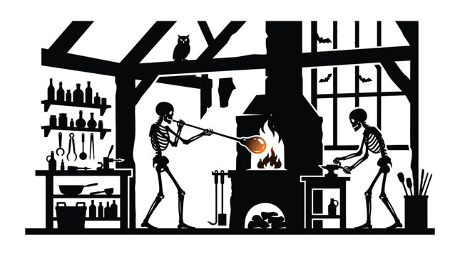 Spooky skeleton glassblowers crafting molten art inside a dark furnace workshop vector illustration for halloween decor