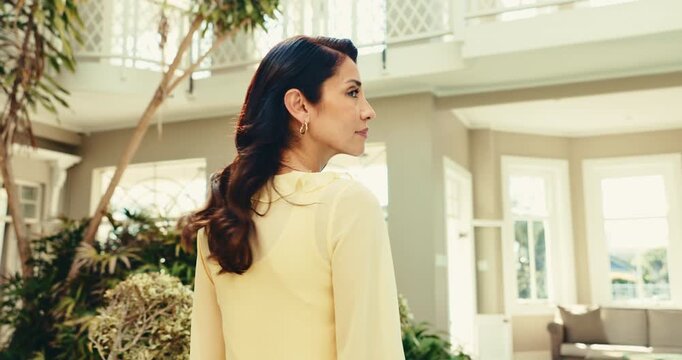 Thinking, smile or woman in resort with walking, trip mindset or mindfulness on summer holiday. Calm, stroll or mature person in hotel with happy memory, reflection or peaceful perspective in getaway