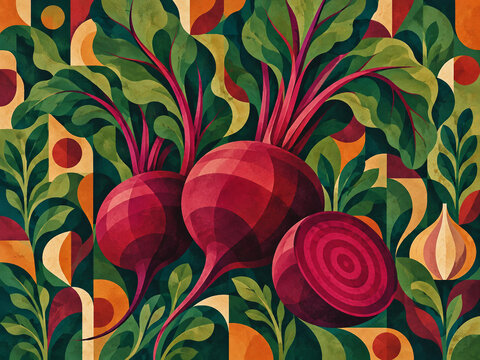 Deep red beetroots with leafy stems surrounded by dense garden foliage in a colorful vintage inspired vegetable illustration.