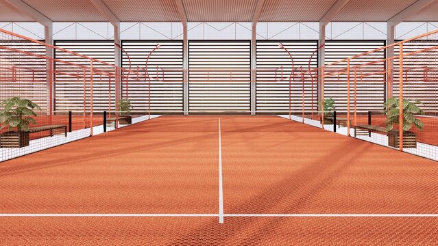 Semi-Outdoor Terracotta Padel Court Facility with Covered Courts and Steel Frame Canopy Structure Isolated in White Background