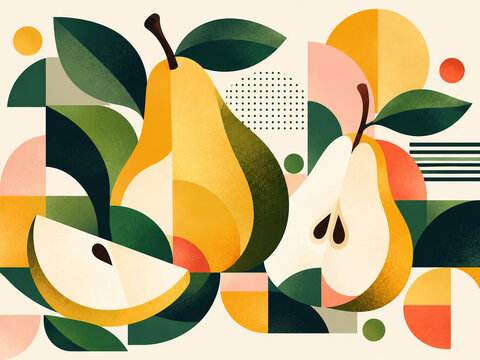 Stylized yellow and green pears with sliced fruit and leaves in a bold mid century geometric composition.